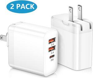 USB C Charger [2 Pack], 30W 3-Port Fast Type C Wall Charger Block with PD 3.0 + 5V/2.4A Foldable USB C Charging Block Plug Compatible for i-Phone 14/13/Pro Max/Sa-m-su-ng Galaxy/Pixel 7 - White