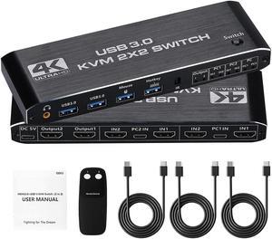 KVM Switch 2 Monitors 2 Computers, 4K@60Hz Dual Monitor HDMI KVM Switch 2 in 2 Out with Audio, Keyboard Video Mouse Peripherals Display Port Switcher, UHD Support, USB 3.0 Hub, Hotkeys