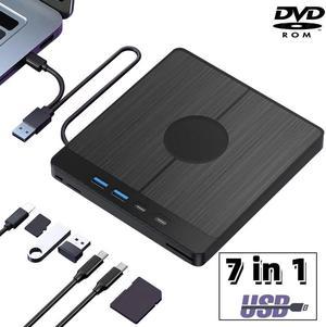 7 in 1 External CD DVD Drive, USB 3.0 Type-C External DVD Drive Burner with SD/TF Port, 2 USB A & 2 USB C Ports, Portable CD/DVD RW Reader Writer for PC Compatible with Windows XP/7/8/10/11, MacOS