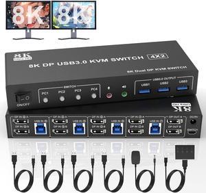 8K@60Hz Displayport USB 3.0 KVM Switch 2 Monitors 4 Computers, DP1.4 KVM Switch Dual Monitor with Audio Microphone Output and 3 USB 3.0 Ports, 4 Port KVM Switch Displayport for 4 PCs 2 Monitors