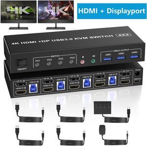 USB 3.0 KVM Switch Displayport+HDMI 2 Monitors 4 Computers, 4K@60Hz Dual Monitor KVM Switch 4 Port with Audio Microphone Output and 3 USB 3.0 Ports, 4 Port HDMI+DP Monitor Switch for 4 PCs 2 Monitors