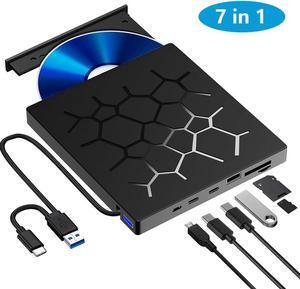 External CD/DVD Drive for Laptop, [7 IN 1] USB 3.0 Ultra-Slim Portable DVD Player with SD/TF & 2 USB A, 2 USB C Hub, CD ROM Burner Writer External Optical Drive Compatible with Windows Linux MacOS