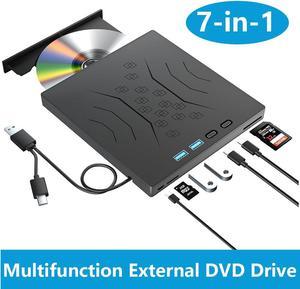 7 in 1 External CD DVD Drive, USB 3.0 & Type-C External CD/DVD Drive for Laptop, Portable CD/DVD +/-RW Disk Drive, CD/DVD Burner CD ROM External Drive for Laptop Desktop PC Windows 7/8/10/XP Mac Linux
