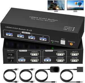 2 Port HDMI Dual Monitor KVM Switch 2 Monitors 2 Computers 4K@60Hz, USB 3.0 KVM Switches for 2 PC or Laptops Share 1 Set of Keyboard Mouse Printer and Scanner Support Extended & Duplicate Mode