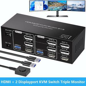 Hitoor [Triple Monitor] HDMI+2 Displayport KVM Switch for 2 Computers 3 Monitors 8K 60Hz 4K 120Hz, USB 3.0 HDMI + 2 DP KVM Swticher 2 PCs Share 3 Monitors for PS4 USB Output for Keyboard Mouse Printer