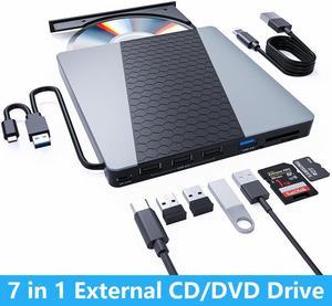 Hitoor External CD DVD Drive, USB3.0/USB C Portable CD/DVD Player with SD/TF Slot, 1 USB 3.0 & 4 USB 2.0 Ports, CD ROM Burner Optical Drive Compatible with Windows 11/10/8.1/8/7/vista,Linux,MacOS