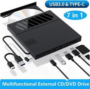 Hitoor External CD DVD Drive, 7 in 1 USB 3.0 Type-C DVD Drive, Portable External DVD Burner, External CD/DVD Optical Drive with SD/TF Card Reader & 4 USB A Ports for Linux/Mac OS/Windows 7/8/10/11