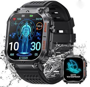 Hitoor Military Smart Watch for Men, 5ATM Waterproof with Call 2.02" Large Screen Rugged Outdoor Tactical Smartwatch with Compass Fitness Watch with Heart Rate Blood Pressure Monitor for IOS Android