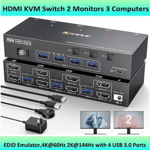 Hitoor HDMI KVM Switch 2 Monitors 3 Computers 4K@60Hz, EDID Emulator, USB 3.0 Dual Monitor KVM Switch for 3 Computers Share 2 Displays and 4 USB 3.0 ports, IncludePower Adapter Wired Remote and Cables