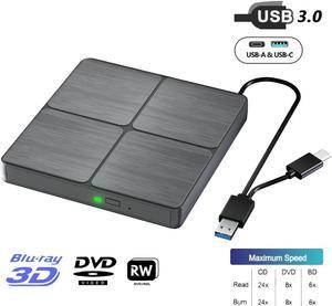 Hitoor External Blu Ray Drive, USB 3.0 Type-C 3D Bluray CD DVD BD Reader Player Slim Optical Bluray CD/DVD Burner for MacBook Laptop Desktop PC Compatible with Mac OS Windows XP/7/8/10/11