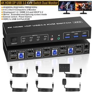 Hitoor USB 3.0 Displayport + HDMI KVM Switch 2 Monitors 4 Computers, 4K@60Hz Dual Monitor KVM Switch 4 PC with Audio Microphone and 3 USB 3.0 Ports, 4 Port HDMI + DP Monitor Switch for 4 PC 2 Monitors