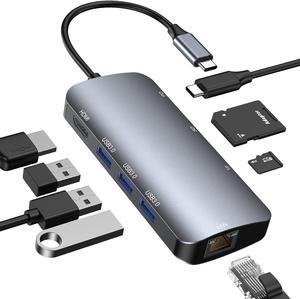 Hitoor USB C Hub Multiport Adapter, 8-in-1 USB-C Hub with Ethernet 1000Mbps, 4K HDMI, 100W PD, SD/TF Card Reader, 3 USB 3.0 Ports Docking Station Compatible for Ma-cBook Pro/Air M3/2 /1, i-Pad Pro/XPS