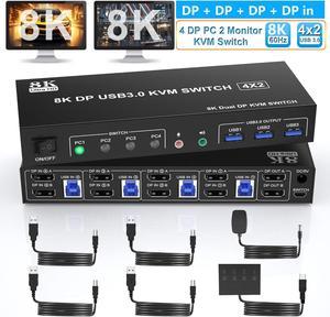 Hitoor 8K@60Hz Displayport USB 3.0 KVM Switchfor 4 Computers 2 Monitors 4K@144Hz, DP1.4 Dual Monitor Displayport KVM Switch 4 Port with Audio Output and 3 USB 3.0, 8K DP Monitor Switch for 4 PCs