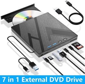 Hitoor 7 in 1 External CD DVD Drive, External CD/DVD Drive for Laptop with SD/TF Port, CD Burner DVD Player DVD Burner USB 3.0/Type C, CD ROM External Drive CD Drive for PC Laptop Windows Linux MacOS