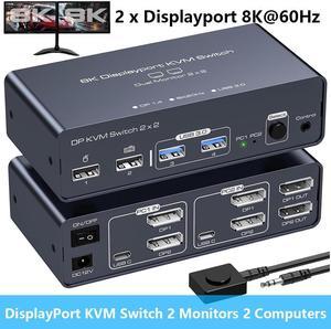 Hitoor DisplayPort KVM Switch 2 Monitors 2 Computers 8K@60HZ 4K@120Hz, Aluminum KVM Switch, Dual Monitor DP KVM Switcher 2 Monitors for 2 Computers Sharing 4 USB Devices with Desktop Controller