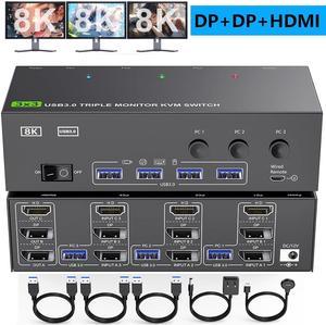 Hitoor KVM Switch 3 Monitors 3 Computers 8K@60Hz, HDMI + 2* Displayport Triple Monitor KVM Switch, 3x3 KVM Switch with 4 USB 3.0 Port for Keyboard Mouse Printer,Wired Remote and Power Adapter Included