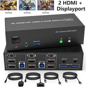 Hitoor KVM Switch 3 Monitors 2 Computers 4K@60Hz, 2 HDMI + Displayport KVM Switch Triple Monitor for 2 Computer Share 3 Monitors, with Audio Mic Port and 3 USB3.0 Ports, Wired Remote and Power Adapter