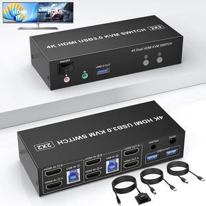 Hitoor USB 3.0 HDMI Dual Monitor KVM Switch 2 Port, 4K@60Hz HDMI KVM Switch for 2 Computers Share 2 Monitors and 3 USB 3.0 Ports, Audio Microphone Output, Wired Remote and 2 USB 3.0 Cables Included