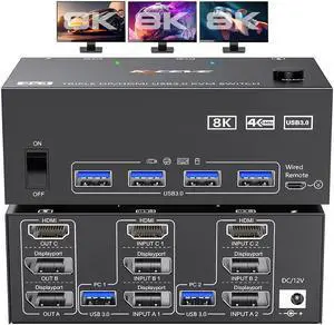 Hitoor KVM Switch 3 Monitors 2 Computers 8K@60Hz, 1 HDMI + 2 Displayport KVM Switch Triple Monitor for 2 Computer Share 3 Monitor and 4 USB 3.0 Port Keyboard Mouse, Wired Remote and 5 Cables Included