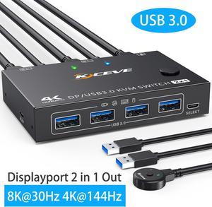 Hitoor Displayport KVM Switch 2 Computers 1 Monitor, USB 3.0 KVM Switch Displayport 8K@30Hz 4K@144Hz, DP KVM Switch 2 PC 1 Monitor Share 4 USB 3.0 Devices Keyboard Mouse Monitor, with Wired Remote