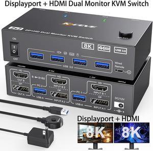 Hitoor 8K@60Hz/4K@144Hz Dual Monitor HDMI DP KVM Switch, Displayport + HDMI Dual Monitor KVM Switch for 2 Computers Share 2 Monitors 4 USB 3.0 Devices, Includes Remote Control & 12V Power Adapter