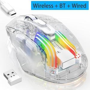 Hitoor Wireless Gaming Mouse, Tri-Mode 2.4G/USB-C/Bluetooth Mouse, Rechargeable Computer Gaming Mice with 5 DPI Levels, 6 Buttons, 11 RGB Lights, Ergonomic Mouse for Laptop PC Mac-Transparent