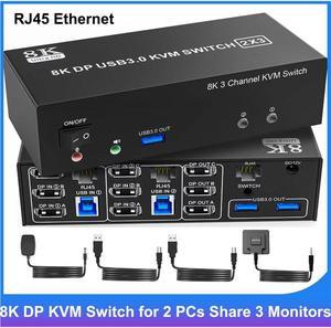 Hitoor 8K@60Hz Displayport KVM Switch 3 Monitors 2 Computers 4K@144Hz, DP1.4 KVM Switches Triple Monitor for 2 PCs Share 3 Monitors, RJ45 Ethernet Splitter 1 to 2, Audio Mic Port and 3 USB 3.0 Ports