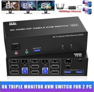 Hitoor KVM Switch 3 Monitors 2 Computers 8K@60Hz 4K@144Hz, 2 HDMI + DisplayPort Triple Monitor KVM Switch for 2 Computer Share 1000Mbps Ethernet, 3 USB 3.0 Ports, with Audio & Microphone Output