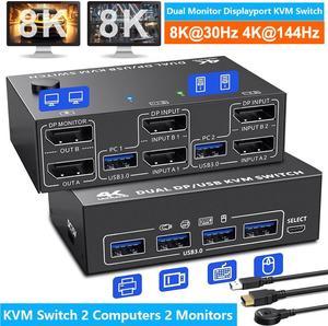 Hitoor KVM Switch 2 PC 2 Monitors, USB 3.0 DP KVM Switch 8K@30Hz 4K@144Hz, Dual Monitor KVM Switch Displayport 1.4 with 4 USB 3.0 Port for USB Device, Wired Remote and 4 Cable Included