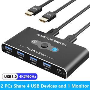 Hitoor USB HDMI KVM Switch with 4K@60Hz, 2 Port HDMI KVM Switches With 4 USB 3.0 Data Ports, KVM Switch 2 PC 1 Monitor Share Mouse, Keyboard, Printer, Include 2 HDMI cables,2 USB cable, 1 USB-C Cable