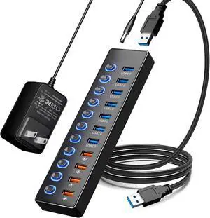Hitoor 11 Port USB Hub 3.0, Powered USB Splitter Includes 7-Port USB-A Data Transfer with 5Gbps and 4-Port Smart Charging with 2.4A, Individual Switches, and USB Extender for Laptop, Mac, Windows, PC