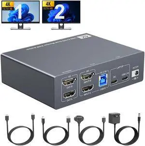 Hitoor Dual Monitor KVM Switch for Laptop & Desktop 4K@60Hz, USB C and HDMI KVM Switch 2 Monitors 2 Computers with 4 USB 3.0 Port for Keyboard Mouse, 80W PD Charging, with Wired Remote and USB C Cable