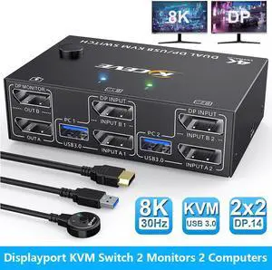 Hitoor 2 Port Displayport KVM Switch for 2 Monitors 2 Computers 8K@30Hz 4K@144Hz, USB 3.0 Dual Monitor KVM Switches Displayport 1.4 with 4 USB 3.0 Port for USB Device,Wired Remote and 4 Cable Included