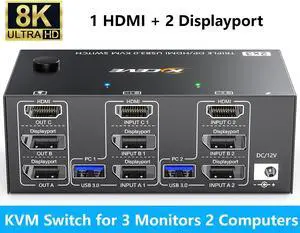 Hitoor KVM Switch 3 Monitors 2 Computers 8K@60Hz, 2 Displayport + 1 HDMI USB 3.0 Triple Monitor KVM Switch with 4 USB 3.0 Port for Keyboard Mouse, Wired Remote,Power Adapter and 5 Cables Included