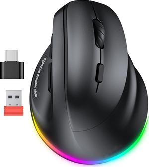 Hitoor Ergonomic Bluetooth Mouse, Wireless Vertical Mouse RGB Backlit Rechargeable Mice for Bluetooth (5.2 + 3.0) & USB-A with USB-C Adapter 4 Adjustable DPI for Mac/Windows/Andriod/PC/Tablet/iPad