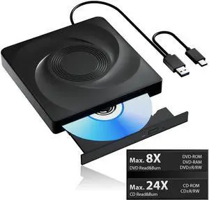 Hitoor External CD/DVD Drive for Laptop, USB 3.0 & Type C CD Burner External DVD Drive, CD ROM DVD Player Portable CD Reader for Laptop, Compatible with Laptop PC Windows 11/10//7 Linux Mac OS