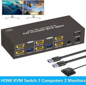 Hitoor HDMI KVM Switch 2 Computers 2 Monitors, Dual Monitor HDMI KVM Switch 2 in 2 Out, 4K 60Hz, Dual HDMI Outputs with 4 USB 3.0 Ports to Share Keyboard Mouse Printer etc, Supports Extended/Copy Mode