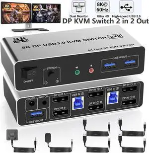 Hitoor USB 3.0 DisplayPort KVM Switch 2 Monitors 2 Computers, Dual Monitor 8K@60Hz DP KVM Switch 2 in 2 Out with Audio Microphone Output and 3 USB 3.0 Ports, 2 PC 2 Monitors Keyboard Mouse Switcher