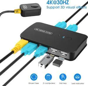 Hitoor 4K HDMI KVM Switch 2 Port Switch Box, USB and HDMI Switch for 2 Computers Share Keyboard Mouse Printer and one HD Monitor, Support UHD 4K@30Hz, with Remote Controller and 2 KVM Cables