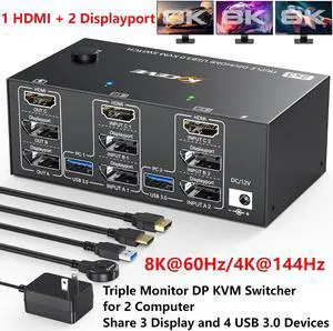 Hitoor KVM Switch 3 Monitors 2 Computers 8K@60Hz 4K@144Hz, 1 HDMI + 2 Displayport KVM Switcher for 2 Computers Share Triple Monitor and 4 USB 3.0 Devices Supports Extended and Duplicate Mode