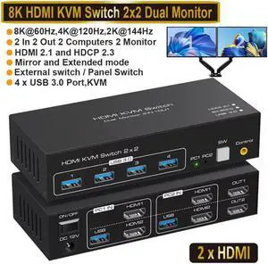 Hitoor 8K@60Hz KVM Switch HDMI 2 in 2 Out, HDMI KVM Switch for 2 Computers Share 2 Monitors and 4 USB 3.0 port, 4K@120Hz Dual Monitor HDMI USB KVM Switch, Desktop Controller and 2 USB Cable Included