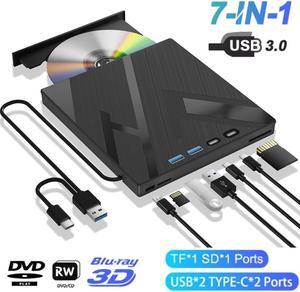 Hitoor 7 in 1 External Bluray Drive, USB 3.0 Type-C Optical External Blu-ray DVD Drive Burner with SD/TF Port, Support 100G Disc R/W for PC Compatible with Windows XP/7/8/10/11 Mac Laptop Desktop