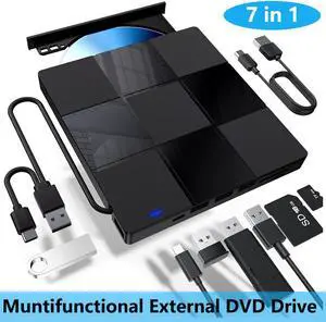 Hitoor External CD/DVD Drive for Laptop, 7 in 1 USB 3.0 Type C Ultra-Slim Portable CD/DVD Player Burner, with 4 USB Ports&SD TF Card Slot, Optical Drive Compatible with Windows 11/10/8/7, Linux, MacOS