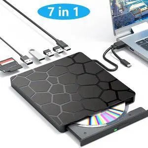 Hitoor [7 in 1] Muntifunctional External CD/DVD Drive for Laptop, External CD DVD Drive with USB2.0 USB 3.0 Ports and SD/TF Card Reader Portable External DVD Player Optical Drive for Laptop Desktop PC