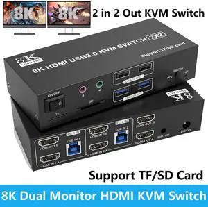 Hitoor 8K Dual Monitor HDMI KVM Switch 2 Monitors 2 Computers, 8K@60Hz 4K@120Hz 2 in 2 Out HDMI KVM Switcher for 2 PCs Share 2 Monitor, 4 USB Devices, Audio Microphone and SD TF Card, Wired Controller