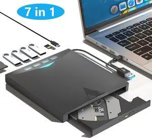 Hitoor  7-in-1 External CD DVD Drive for Laptop, USB 3.0 DVD Player with 4 USB Ports & SD/TF Slot Optical Disk Drive Reader Writer Burner for PC, Laptop Windows 11/10/8/7/ XP/ 2003/Vista/Linux, MacOS