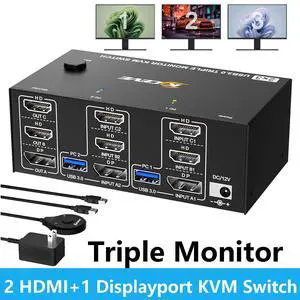 Hitoor 2 HDMI + Displayport KVM Switch 3 Monitors 2 Computers 8K@60Hz 4K@144Hz, Triple Monitor KVM Swtiches for 2 PC Share 3 Monitor and 4 USB Port, Support Extended & MirrorMode, with Wired Remote