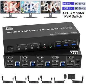 Hitoor 8K@60Hz KVM Switch 3 Monitors 4 Computers 4K@144Hz, 2 DisplayPort +1 HDMI KVM Switch Triple Monitor for 4 Computer with Audio and 3 USB 3.0 Ports, 3 Monitor KVM Switches Keyboard Mouse Switcher