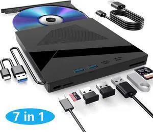 Hitoor [7 in 1] External DVD CD Drive, USB 3.0 & Type-C Portable CD/DVD +/-RW Disk Drive, CD/DVD Burner, CD ROM, DVD Player External Optical Drive for Laptop Desktop Windows 7/8/10/XP Linux/Vista/Mac