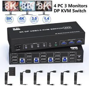 Hitoor 8K@60Hz 4x3 DisplayPort KVM Switch 3 Monitors 4 Computers 4K@144Hz, DP 1.4 KVM Switch Triple Monitor for 4 Computer with Audio and 3 USB 3.0 Ports, KVM Triple Monitor Keyboard Mouse Switcher